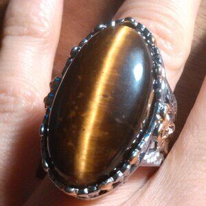 Tiger's Eye And Champagne Color Austrian Crystal Stainless Steel Ring (Size 7)